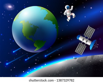Space concept with planet and unviverse in dark sky background for children book graphics. Vector illustration