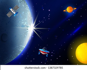 Space concept with planet and unviverse in dark sky background for children book graphics. Vector illustration