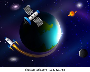 Space concept with planet and unviverse in dark sky background for children book graphics. Vector illustration