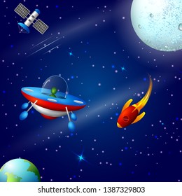 Space concept with planet and unviverse in dark sky background for children book graphics. Vector illustration