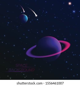 Space concept. Planets and falling meteorites in the star sky. Dark abyss. Vector 3Д illustration.