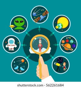 Space concept with solar system spaceship and research symbols flat vector illustration 