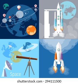 Space concept:  spaceship, rocket, planet, orbit, solar system, space exploration, flat vector illustration  