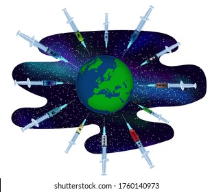 Concepto espacial con jeringas alrededor de la Tierra. La Vía Láctea y el planeta la Tierra