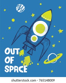 space concept tee print design as vector with space ship drawn