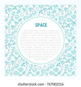 Space concept with thin line icons: rocket, Earth, lunar rover, space station, teelscope,alien,meteorite. Modern vector illustration for banner, print media, web page.