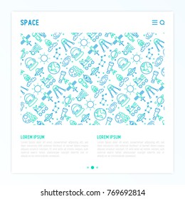 Space concept with thin line icons: rocket, Earth, lunar rover, space station, teelscope, alien, meteorite. Modern vector illustration for banner, print media, web page.