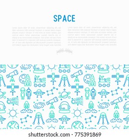 Space concept with thin line icons: rocket, Earth, lunar rover, space station, telescope, alien, meteorite. Modern vector illustration for banner, print media, web page.