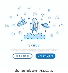 Space concept with thin line icons: rocket, Earth, lunar rover, space station, telescope, alien, meteorite. Modern vector illustration, web page template.