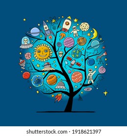 Space Concept Tree. Planets of the solar system. Rockets and astronauts. Vector illustration