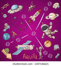 space constellation with the name and color vector illustrations on a scientific and fantastic theme