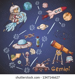 space constellation with the name and color vector illustrations on a scientific and fantastic theme