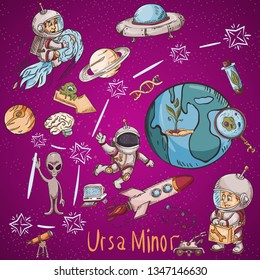 space constellation with the name and color vector illustrations on a scientific and fantastic theme