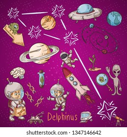 space constellation with the name and color vector illustrations on a scientific and fantastic theme