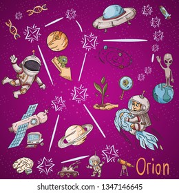 space constellation with the name and color vector illustrations on a scientific and fantastic theme