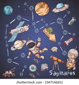 space constellation with the name and color vector illustrations on a scientific and fantastic theme