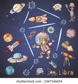 space constellation with the name and color vector illustrations on a scientific and fantastic theme