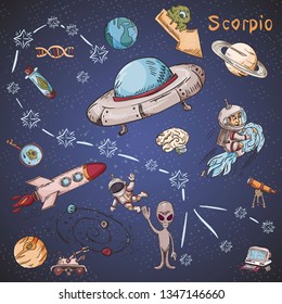 space constellation with the name and color vector illustrations on a scientific and fantastic theme