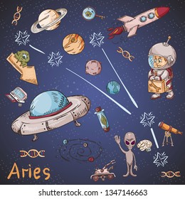 space constellation with the name and color vector illustrations on a scientific and fantastic theme
