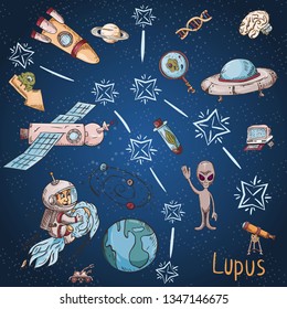 space constellation with the name and color vector illustrations on a scientific and fantastic theme