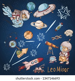 space constellation with the name and color vector illustrations on a scientific and fantastic theme