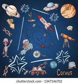 space constellation with the name and color vector illustrations on a scientific and fantastic theme