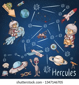 space constellation with the name and color vector illustrations on a scientific and fantastic theme