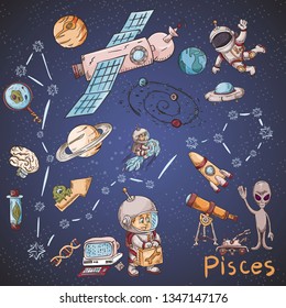 space constellation with the name and color vector illustrations on a scientific and fantastic theme