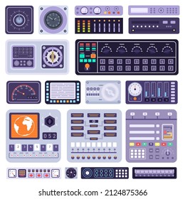 Space control dashboard panel, sensors data and displays. Spaceship cockpit buttons, handles, dials and knobs. Spacecraft console vector set. Equipment for flying transport or vehicle