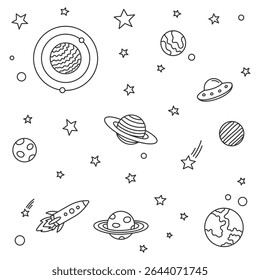 Espaço abstrato abstrato plano de fundo contur ilustração vetor com planetas, estrelas, um alienígenas e um foguete naves