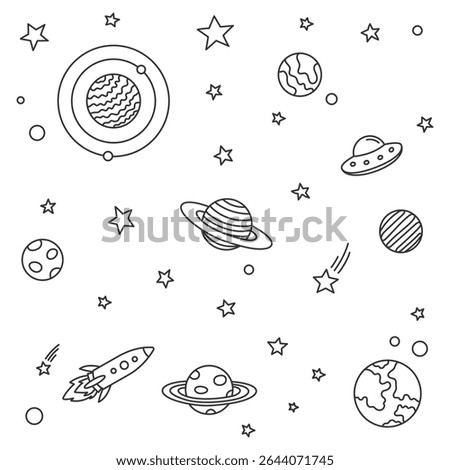 Space cosmic abstract background contur vector illustration with planets, stars, an aliens and a rocket ships