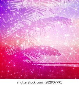 space cosmic constellation with stars on a blurred tropic background with lights and palm tree