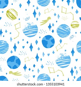 Space cosmic design on white background in grunge cartoon style. Star planet seamless pattern