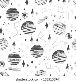 Space cosmic design on white background in grunge cartoon style. Star planet seamless pattern