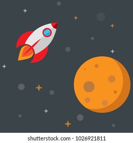 space cosmic flat style with a planet, a rocket, stars on a gray background