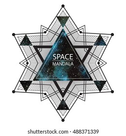 Space, cosmic mandala illustration. Geometric polygonal star made of triangles and lines. Watercolor vector night sky triangle background. Sacred geometry, print design.
