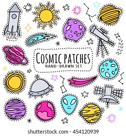 Space, cosmic patch set. Print pin, badge, sticker, collection. Vector illustration