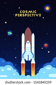 Space Cosmic Perspective Rocket Exploration Mars Moon Earth Sun Stars Science simple art drawing vector illustration eps 10