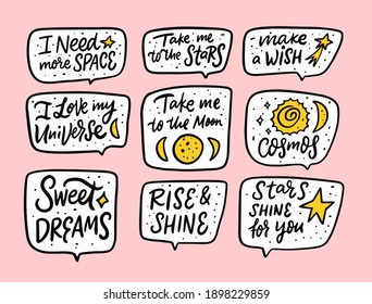 Space and cosmic phrases set. Text in speech bubbles frames isolated on white background