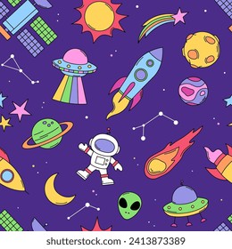 Space, cosmic planets, rockets, ufo seamless pattern, background. Cartoon, comic style vector drawings