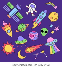 Espacio, planetas cósmicos, cohetes, ufo ilustraciones vectoriales. Montaje de dibujos animados, dibujos de estilo cómico