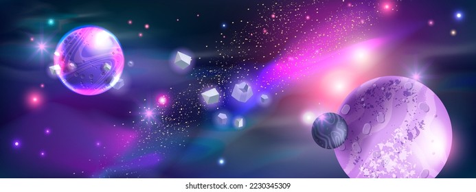 Space cosmic rocks background, alien planets, stardust, vector galaxy universe cartoon game banner. Fantasy neon astronomy illustration, purple futuristic wallpaper, night sky. Space background