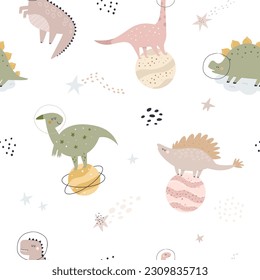 Space, cosmic seamless pattern with funny dinosaurs and hand drawn elements. Explore the universe concept, Galaxy discovery. Wallpaper, Digital background, clothing, apparel