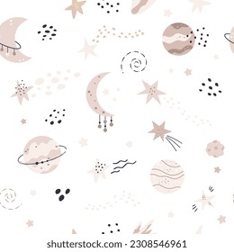 Space, cosmic seamless pattern with hand drawn elements. Explore the universe concept. Digital background, wallpaper, gift wrap, textile in simple scandinavian style.