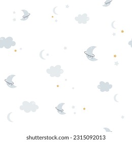 Space, cosmic seamless pattern with hand drawn moon, stars, clouds. Digital background, wallpaper, gift wrap, textile in simple scandinavian style.