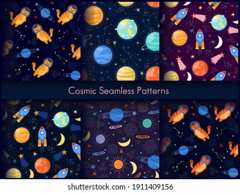 Space cosmic seamless pattern print design vector illustration set. Cartoon cosmos universe exploration with cute cat in astronaut suit and rocket spaceship, creative astronomy wallpaper background