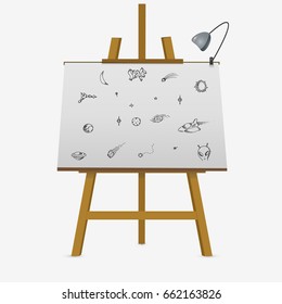 Space cosmic set. Sun, planet, star, comet. Hand drawing on easel. Vector stock illustration