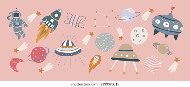 Space and cosmo collection. Hand drawn elements with cute details. Doodle style.