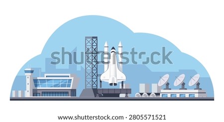 Space cosmodrome showing a launch ship in flat style on a blue background as a concept of exploration. Vector illustration