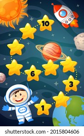 Space. Cosmonaut, rocket, sun, moon.  Write the missing numbers. Worksheet for kindergarten and preschool